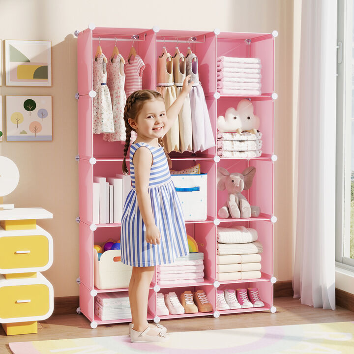 Modular Baby Wardrobe with 13 Cubes, Hanging Rod and Storage Shelves