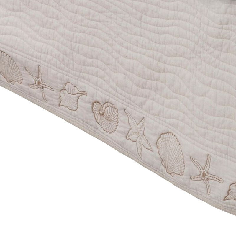 Sima Seashell Quilted Twin Bed Skirt, Cotton Fill, Triple Layered, Ivory - Benzara
