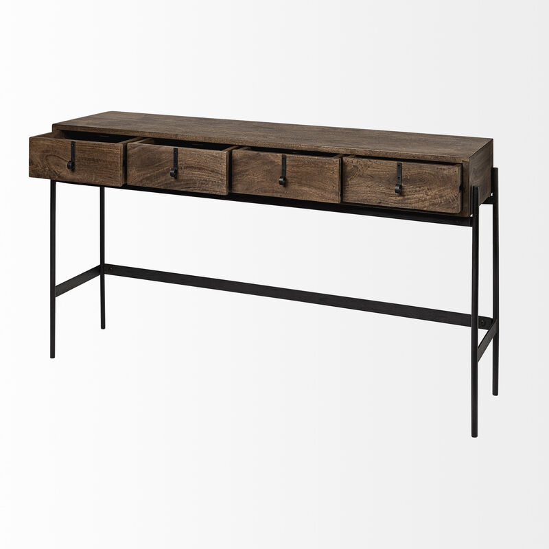 HomeRoots 56" Brown and Black Solid Wood and Metal Distressed Console Table With Four Drawers image number 4