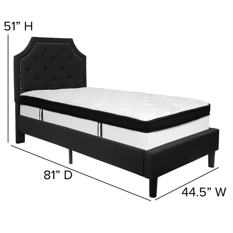 Brighton Twin Size Tufted Upholstered Platform Bed in Black Fabric with Memory Foam Mattress