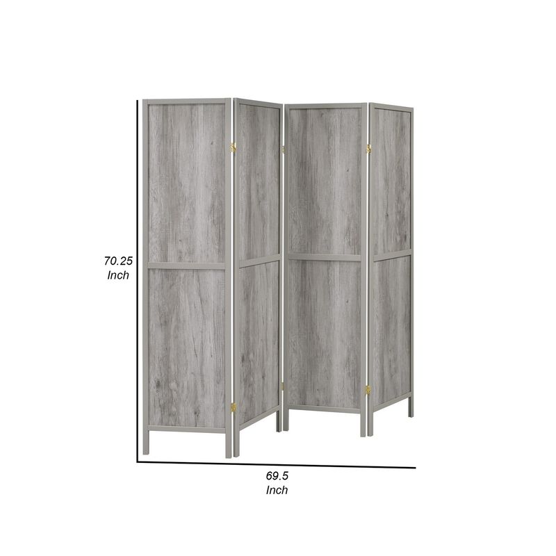 70 Inch Modern 4 Panel Folding Screen Room Divider, Rustic Gray Wood Finish - Benzara