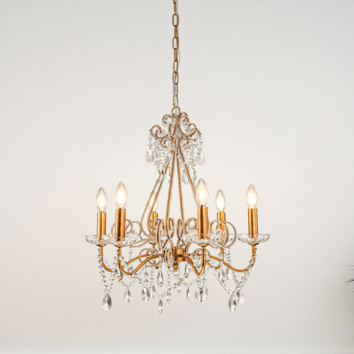 6-Lights Antique Gold Classic Candlestick Chandelier 22'' Mid-century French Style Pendant Light with Crystal Teardrop Beads