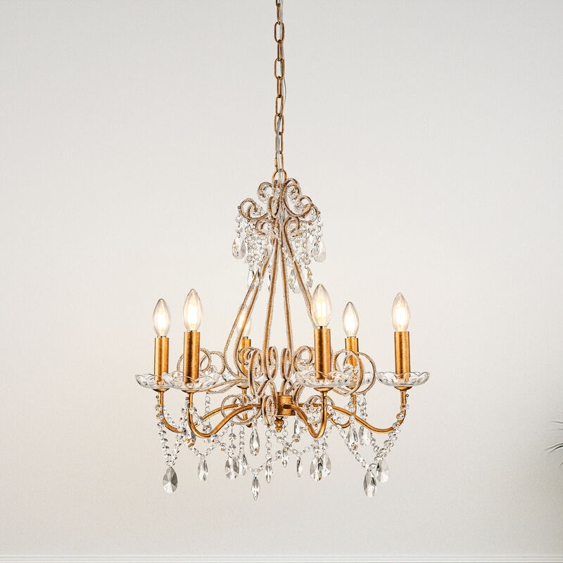 6-Lights Antique Gold Classic Candlestick Chandelier 22'' Mid-century French Style Pendant Light with Crystal Teardrop Beads image number 1