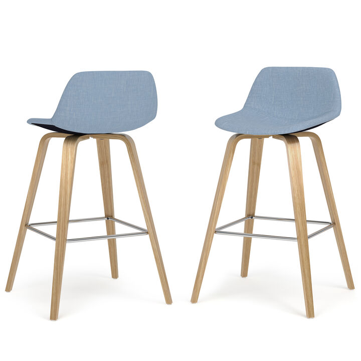 Randolph Mid-Century Modern 28 inch Bentwood Counter/ Bar Height Stool (Set of 2) with Light Wood in Denim Blue Polyester linen