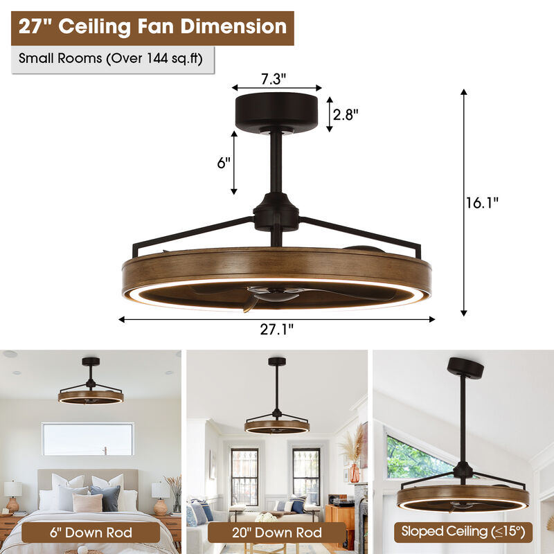27" Farmhouse Brown LED Ceiling Fan with Remote Control