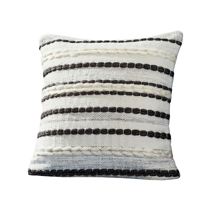 18 Inch Decorative Throw Pillow Cover, Black Lined Beading, Gray Fabric-Benzara