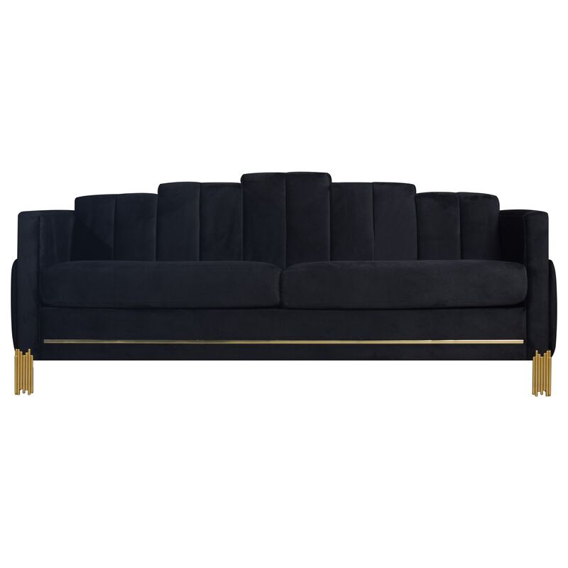 Theo Sofa, Black Velvet, Blue LED Lights, Gold Metal Legs, 83 Inch - Benzara