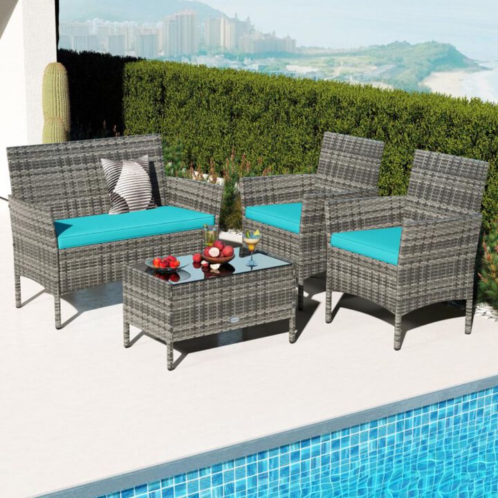 Hivvago 4 Pieces Patio Rattan Conversation Set with Tempered Glass Coffee Table-Red