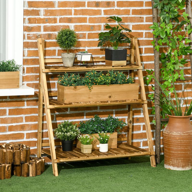 Outsunny 3-Tier Folding Plant Stand, Wooden Indoor Plant Shelf Display Stand, for Corner Balcony Garden Patio, 32"