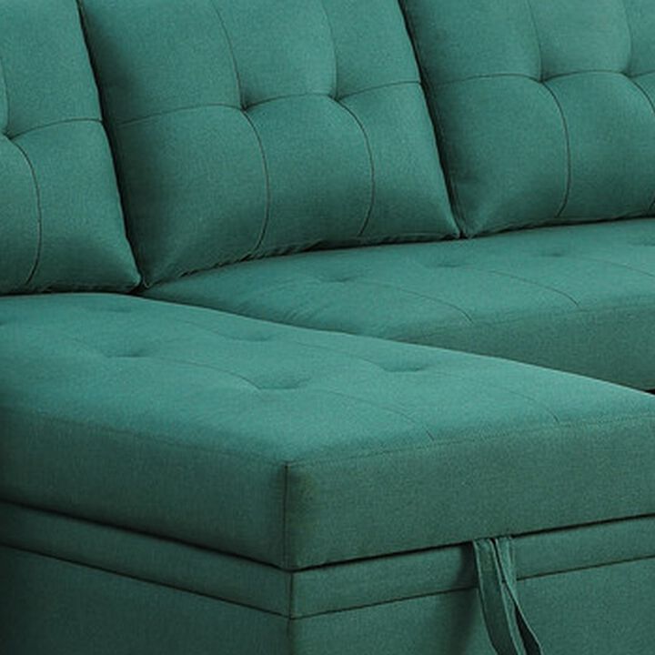 Elliot 84 Inch Sleeper Sectional Sofa with Storage Chaise, Green Fabric-Benzara
