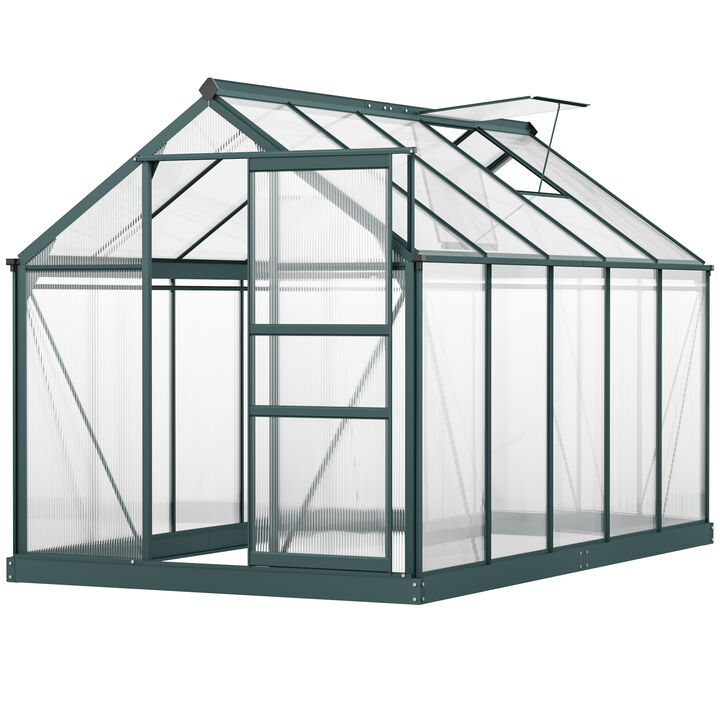 Outsunny 6' x 8' x 6.5' Polycarbonate Greenhouse, Heavy Duty Outdoor Aluminum Walk-in Green House Kit with Rain Gutter, Vent and Door for Backyard Garden, Dark Green