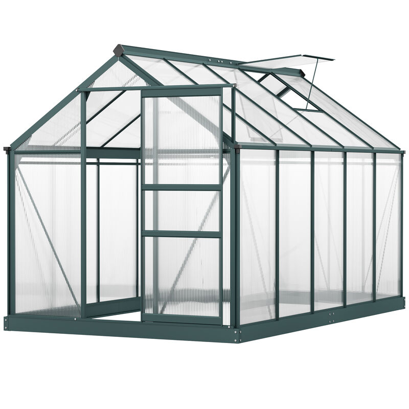 Outsunny 6' x 10' x 6.5' Polycarbonate Greenhouse, Heavy Duty Outdoor Aluminum Walk-in Green House Kit with Rain Gutter, Vent and Door for Backyard Garden, Dark Green