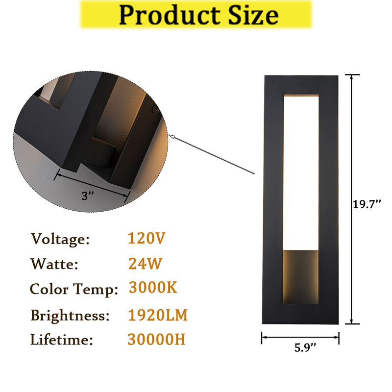 H20'' Modern Outdoor Integrated LED Wall Light 24W Matte Black Linear Exterior Sconce with Frosted Acrylic Shade Up/Down Wall Mount for Porch Patio Garage Entryway image number 7