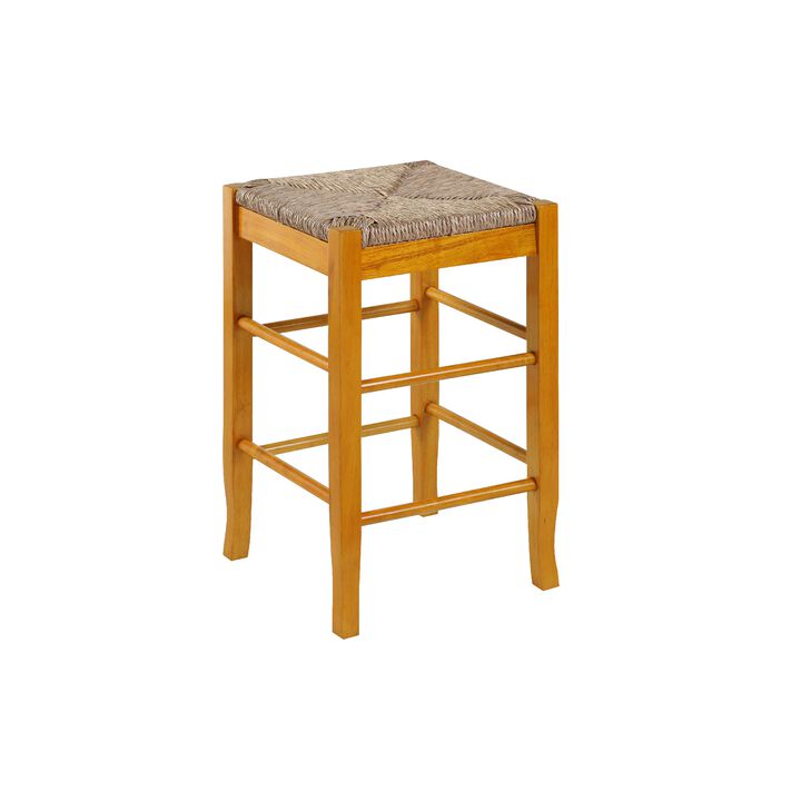 Chris 24 Inch Counter Stool with Wood Frame, Handwoven Rush Seat, Oak Brown-Benzara