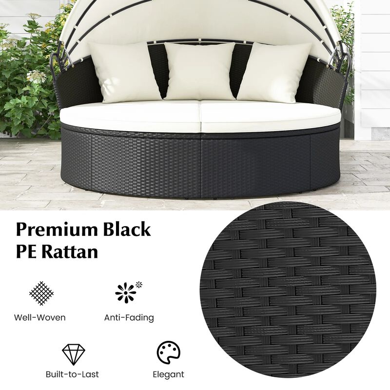 Mondawe Clamshell Patio Round Daybed Wicker with Retractable Canopy and Pillows