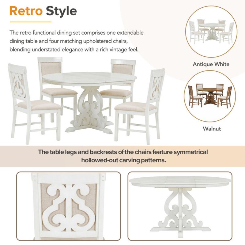 Lupoxt 5‑Piece Retro Extendable Round Pedestal Dining Set image number 3