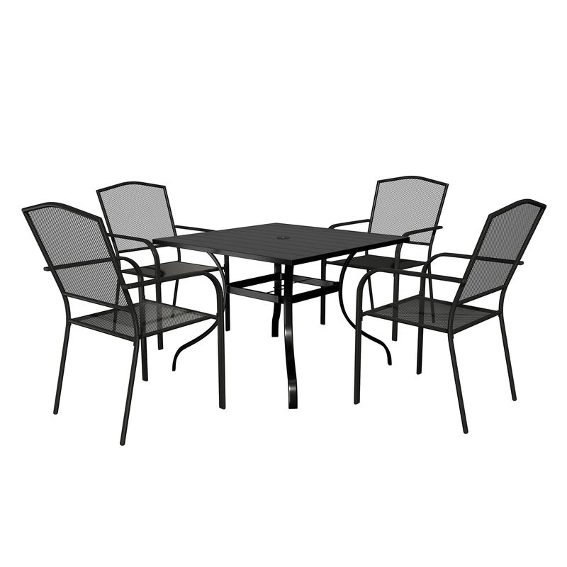 MONDAWE 5-Piece Sqare Steel Table And Steel Mesh Dining Chair Set With 4 Pcs Steel Mesh Dining Chairs, Black,Purchase Set Limited Time Get A Free Parasol(Random Styles&Colors)