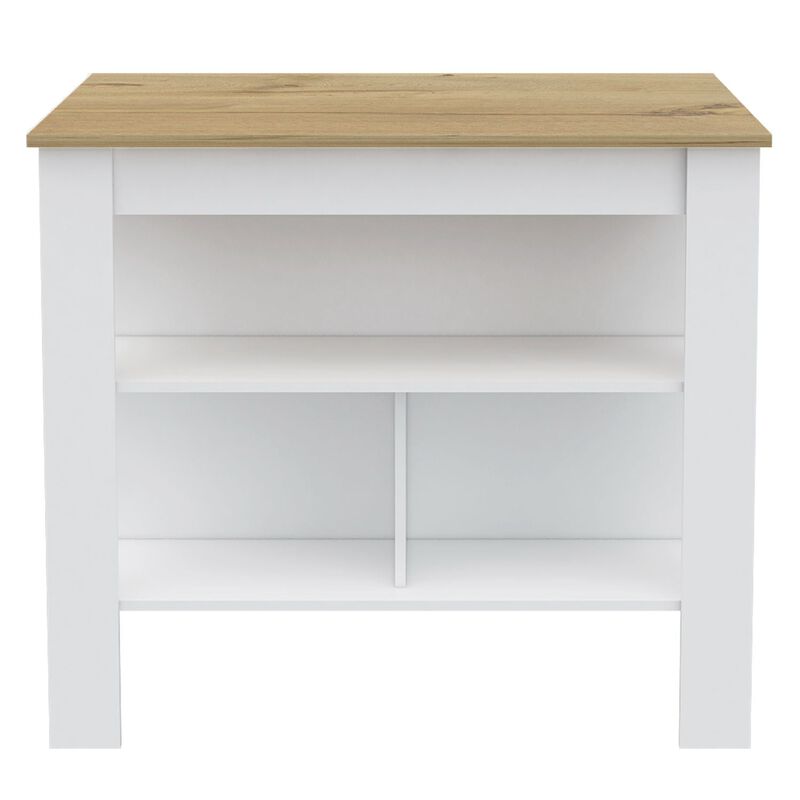 DEPOT E-SHOP Delos Kitchen Island, Four Legs, Three Shelves, White / Light Oak