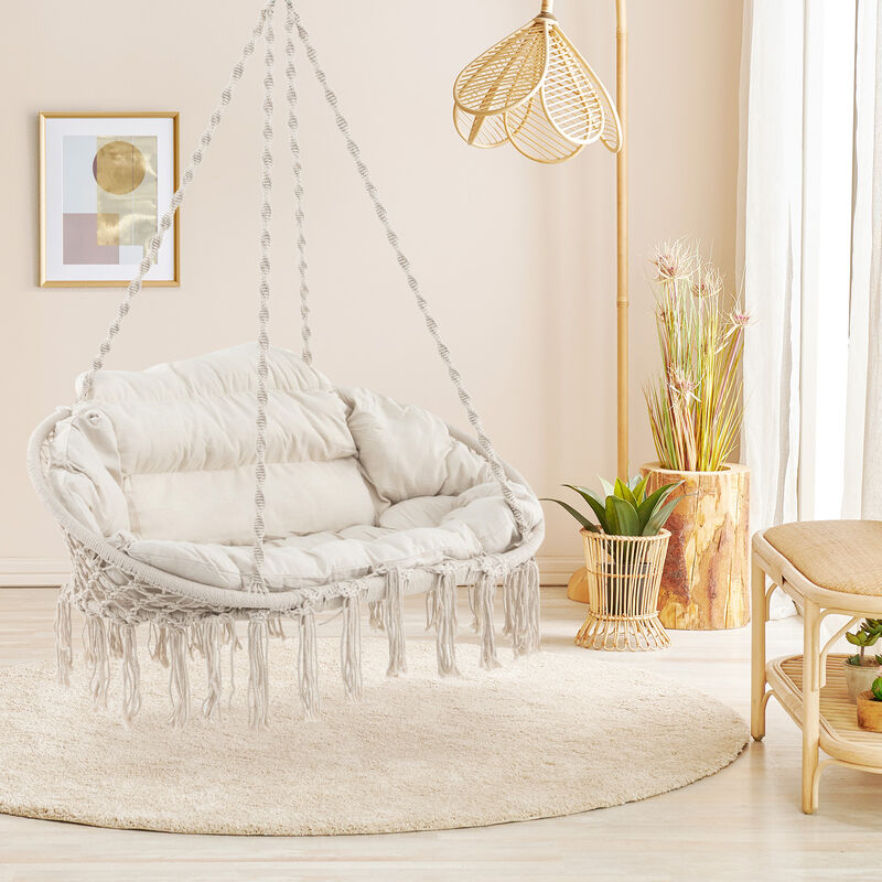 Hand-Woven Rope Hanging Chair with Thick Cushion and Folding Metal Frame