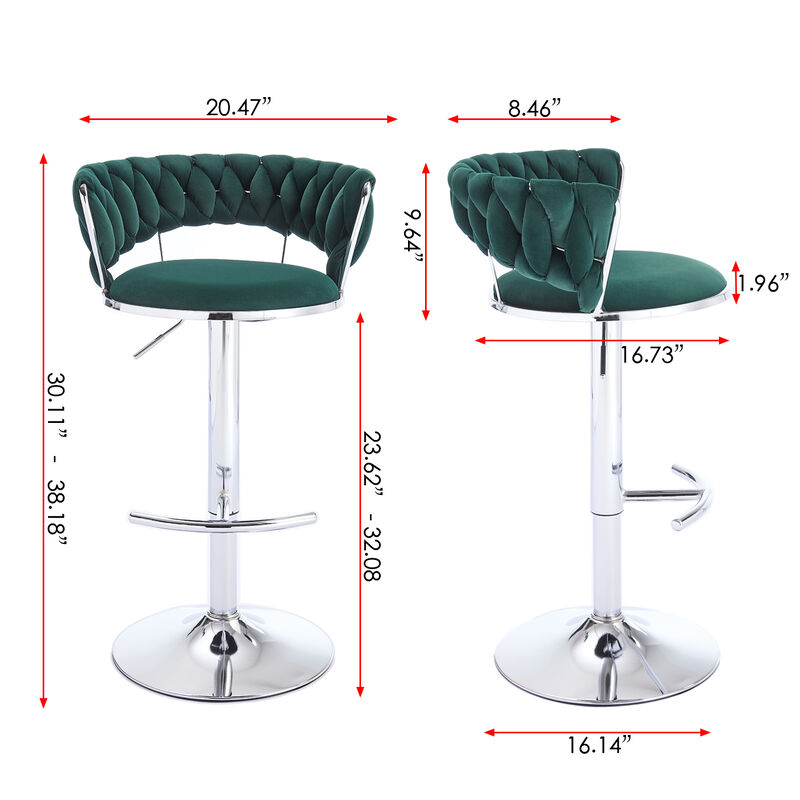 Modern Adjustable Bar Stools &ndash; Set of 2 Velvet Swivel Chairs For Indoor Bar