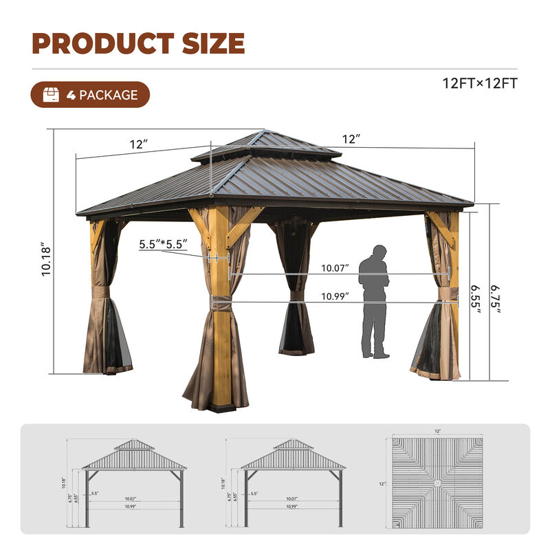 Mondawe 12 ft. x 12 ft. Brown Cedar Wood Frame Hardtop Gazebo with Galvanized Steel Double Roof, Curtains and Netting