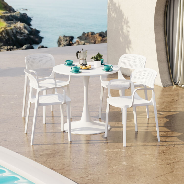 WestinTrends 5-Piece Round Metal Bistro Dining Table Set And Stackable Resin Patio Dining Side Chairs