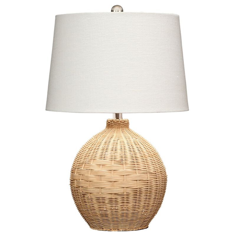 Cape 22 Inch Contemporary Rattan Table Lamp, Hand Woven, Linen Shade, Brown - Benzara