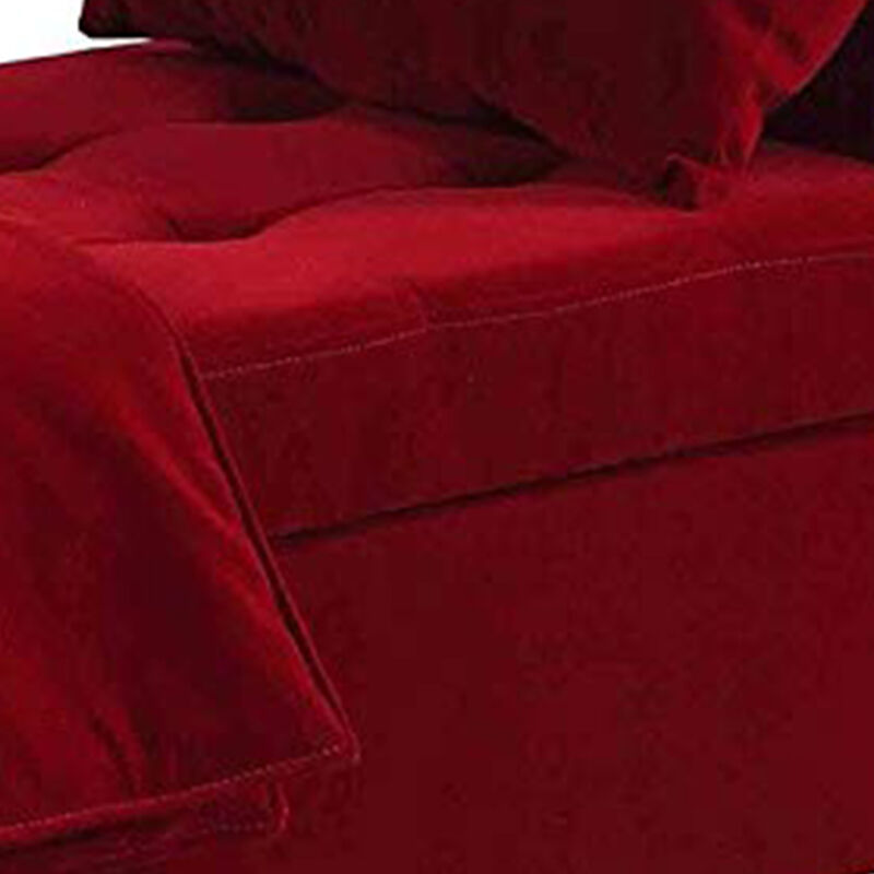 Button Tufted Wooden Storage Bench with Pillow and Blanket, Red-Benzara