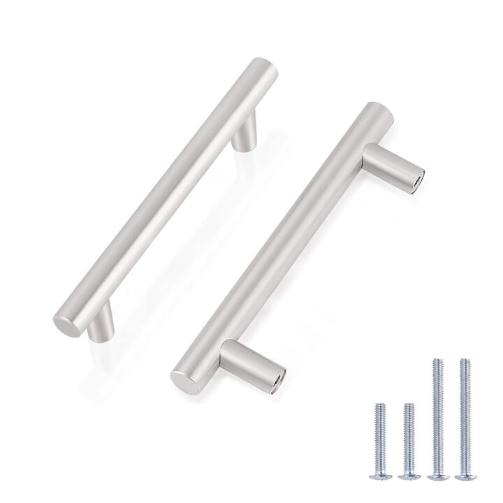 Gobrico 6 Pack Satin Nickel Cabinet Pulls 3-3/4"" Inch (96mm) Hole Centers Brushed Nickel Cabinet Hardware Euro T Bar Stainless