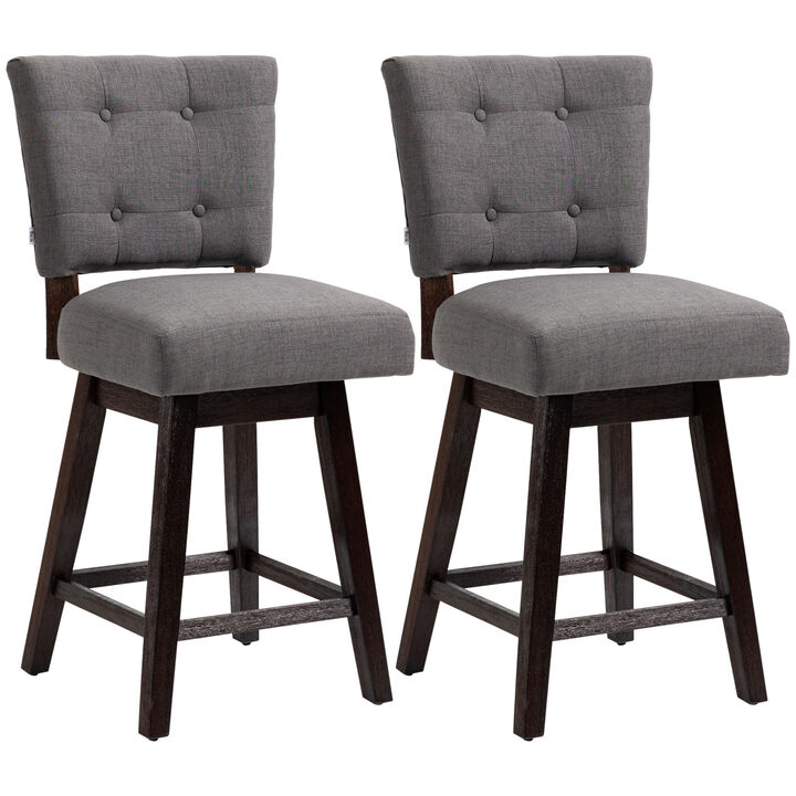 HOMCOM Counter Height Bar Stools Set of 2, Fabric Tufted Swivel Barstools 26.5 Inch Seat Height with Rubber Wood Legs and Footrest for Dining Room, Kitchen, Pub, Grey