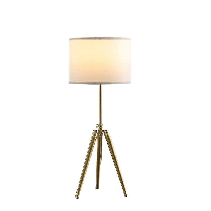 Kera Table Lamp, White Drum Shade, Brass Gold Tripod Base 39 Inch  - Benzara