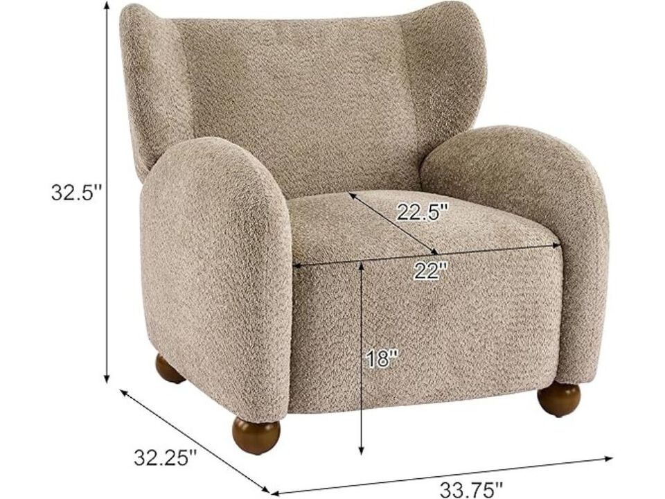 Accent Chair &ndash; Light Brown Boucle Wingback Armchair with Cushion & Walnut Frame