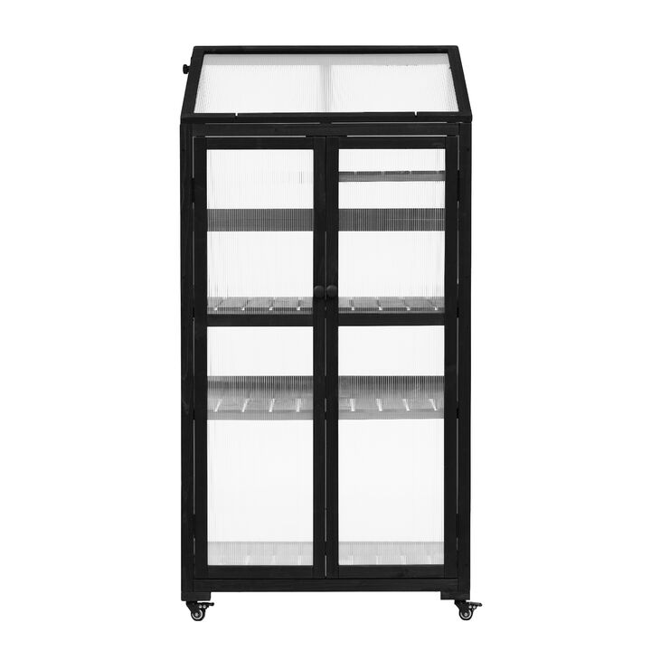 Whisen 62" Garden sheds, Greenhouse, Wood & Polycarbonate with 4 Wheels & 3-Tier Shelves, Indoor Outdoor Garden Use