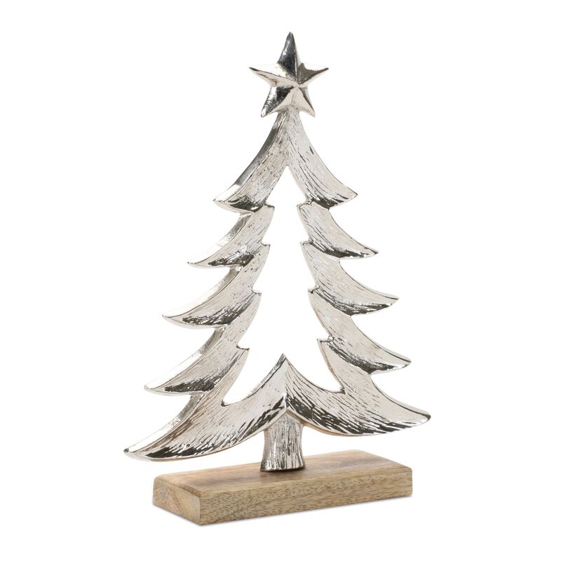Metal Tabletop Christmas Trees with Wooden Bases – Set of 2 Modern Rustic Decor Pieces for Holiday Displays