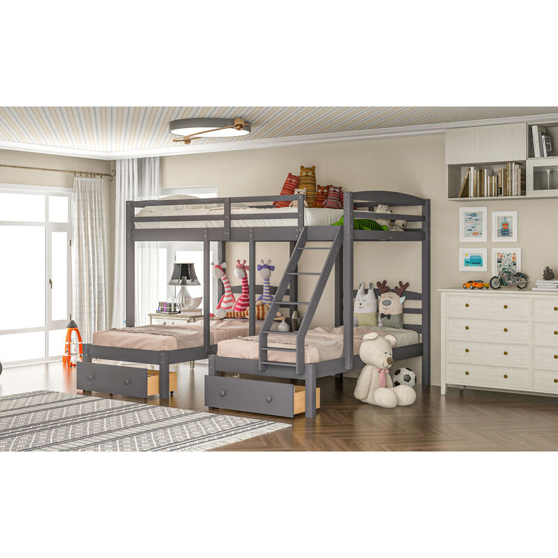 Full over Twin & Twin Bunk Bed, Triple Bunk Bed with Drawers, Gray