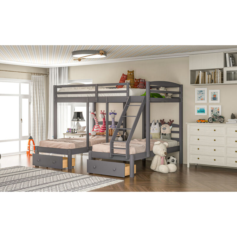 Full Over Twin & Twin Bunk Bed, Triple Bunk Bed With Drawers