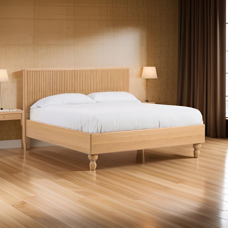 Cid Joya King Bed, Panel Headboard, Rounded Natural Brown Solid Oak Wood