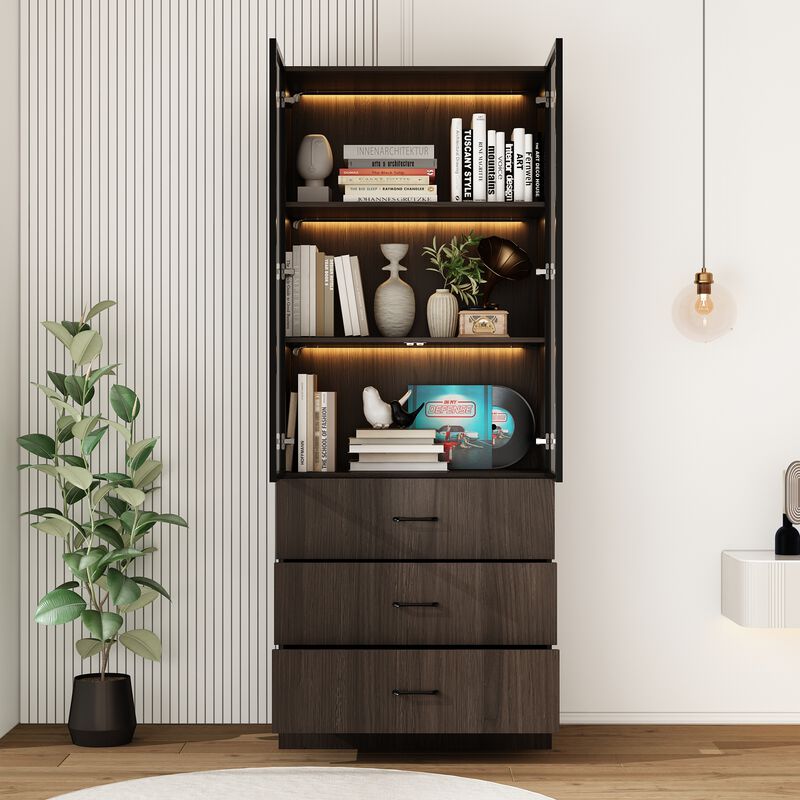 31.5&rdquo;W Display Cabinet Curio Cabinet with Light & Pop-up Glass Doors, Storage Cabinet Bookcase with 5-Tier Shelves & 3 Drawers for Living Room/Home Office, Dark Brown (31.5&rdquo;W x 15.7&rdquo;D x 78.7&rdquo;H)