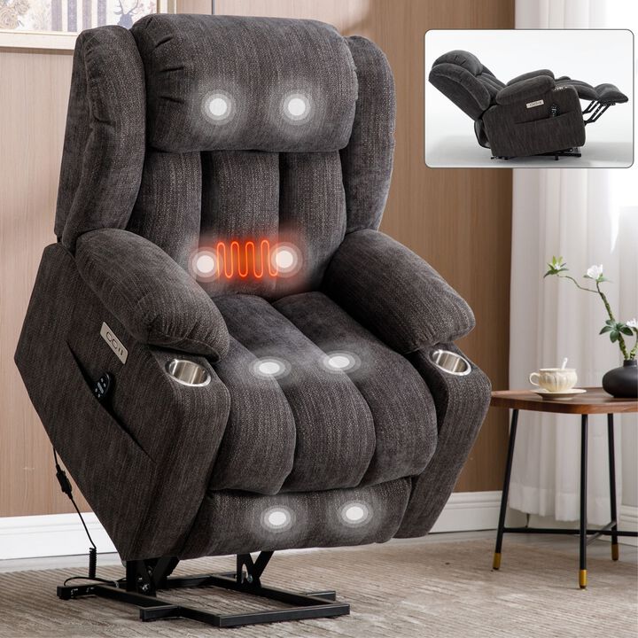 Up to 350 LBS Chenille Power Lift Recliner Chair, Heavy Duty Motion Mechanism with 8-Point Vibration Massage and Lumbar Heating, USB and Type-C Ports, Stainless Steel Cup Holders