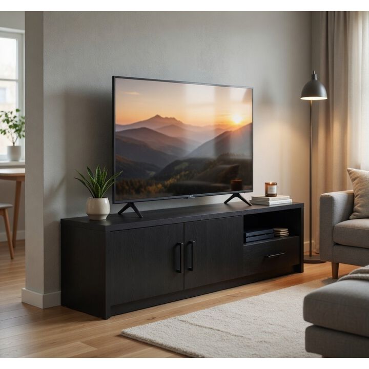Marge TV Stand Media Console, 2 Doors and Drawer, Black Wood 70 Inch