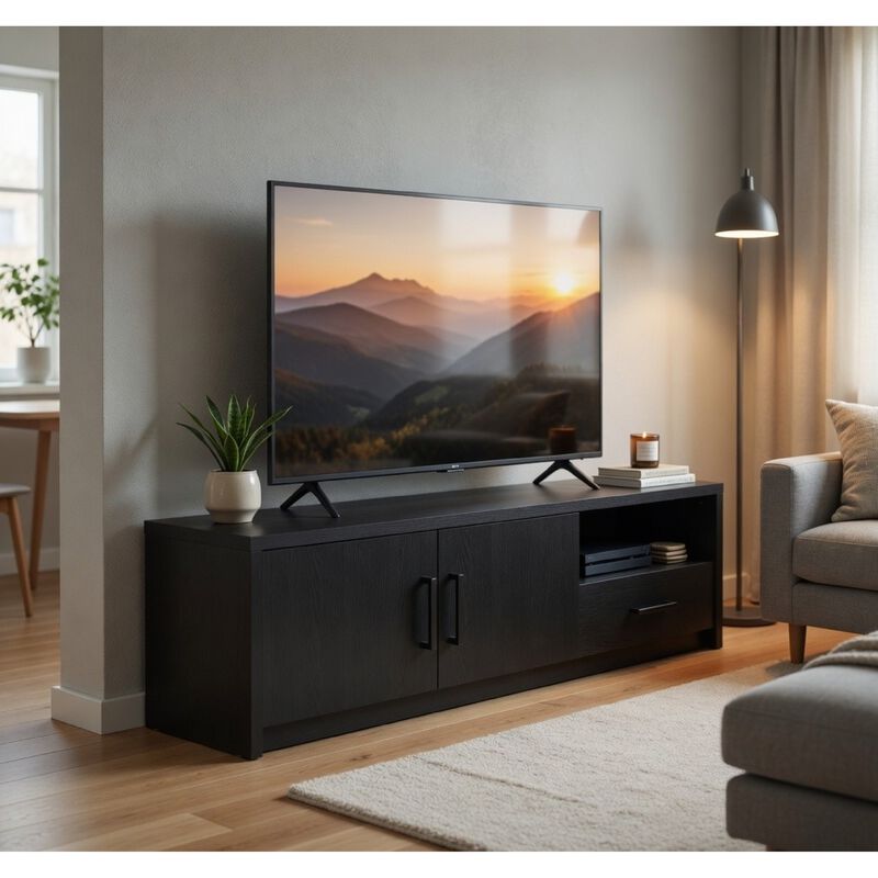 Marge TV Stand Media Console, 2 Doors and Drawer, Black Wood 70 Inch image number 1
