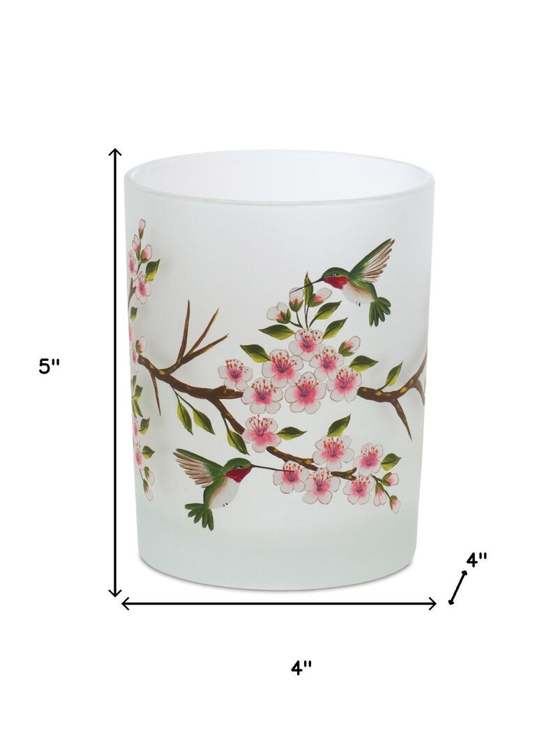 HomeRoots Set of Six White Green And Pink Hummingbird Floral Glass Votive Candle Holders image number 5