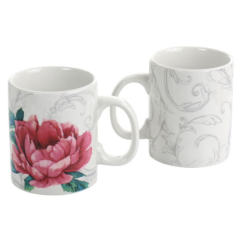 Martha Stewart 16oz Fine Ceramic Decorated Floral 6 Piece Mug Set in White and Pink