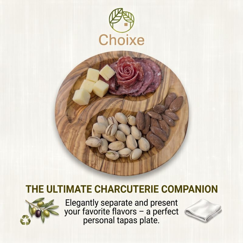 Olive Wood Yin-Yang Dual-Compartment Plate (7 in) &ndash; Charcuterie, Tapas & Serving Dish image number 4