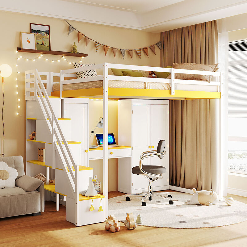 Merax Full Size Loft Bed with Staircase, Dressing Table, Wardrobe, 3-Tier Cabinet image number 2