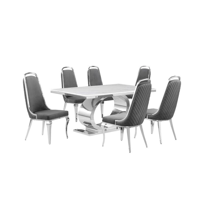 7pc Large(68") marble top dining set with silver base and 6 Dark grey chairs image number 0