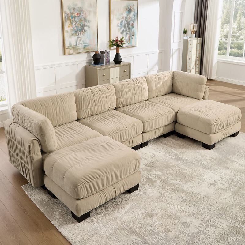 4 seat modular sectional sofa, Chenille L shaped sectional couch with ruched detailing, Modular sectional with 2 movable ottomans image number 4
