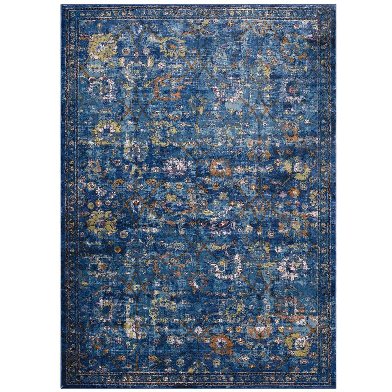 Minu Distressed Floral Lattice 4x6 Area Rug - Dark Blue, Yellow and Orange