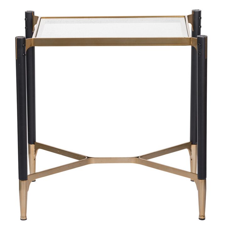 24 Inch Accent Side Table, Iron Frame, Glass Top, Modern, Gold, Black - Benzara