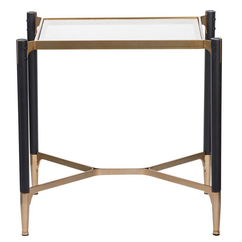 24 Inch Accent Side Table, Iron Frame, Glass Top, Modern, Gold, Black